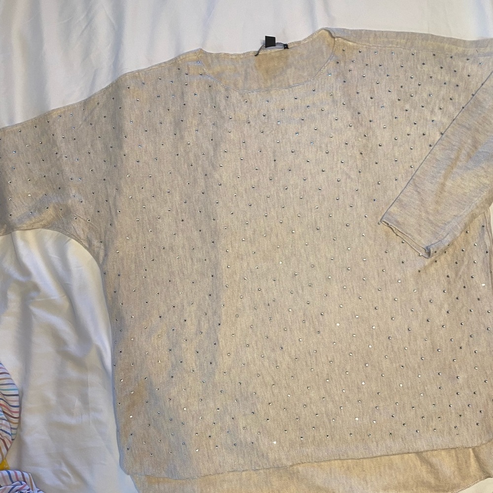 Cream with silver studs 3/4 length sleeve high/low sweater